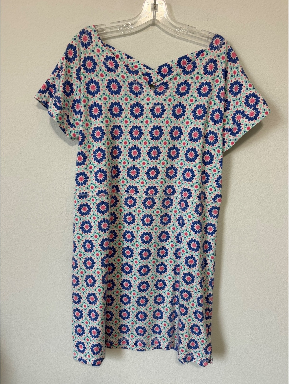 T by Talbots Floral/Geo Short Sleeve Cross Back CottonBlend T-Shirt Dress Size L